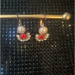 NEW• Sugared + Bronzed Unique Vintage Style Pearl,Ruby & Crystal Golden Earrings
